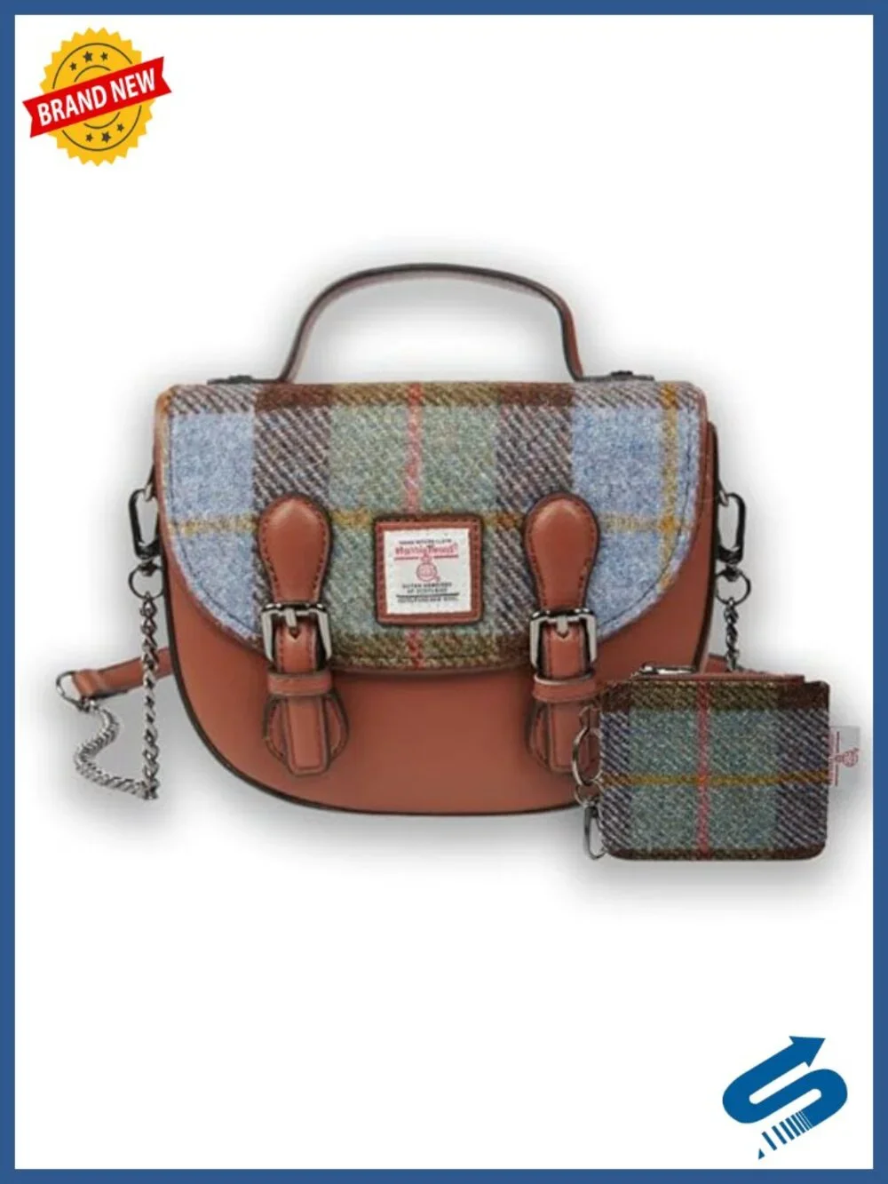 Harris Tweed Satchel & Card Zip Wallet Set - Mini Cobble Bag with Keychain